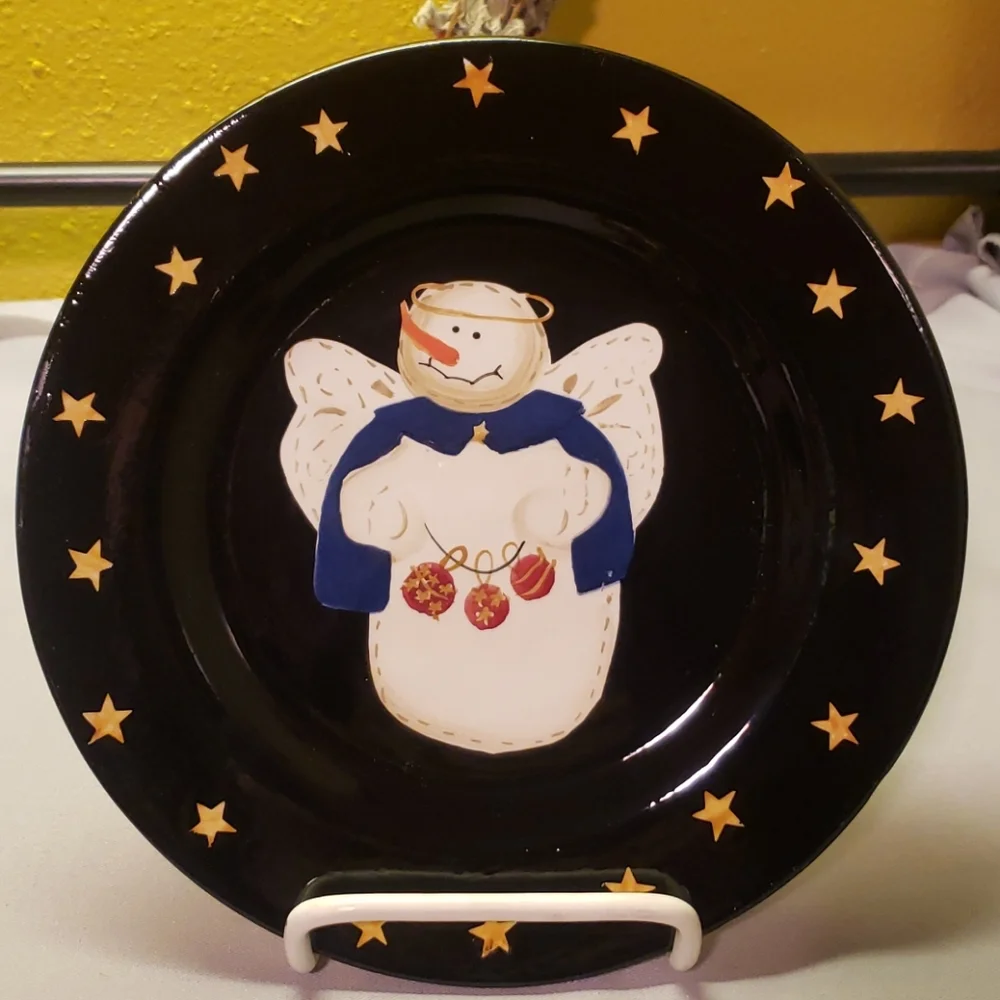 Vtg Set Of 4 Black Salad Dessert Plates Sonoma Snowman Angels
